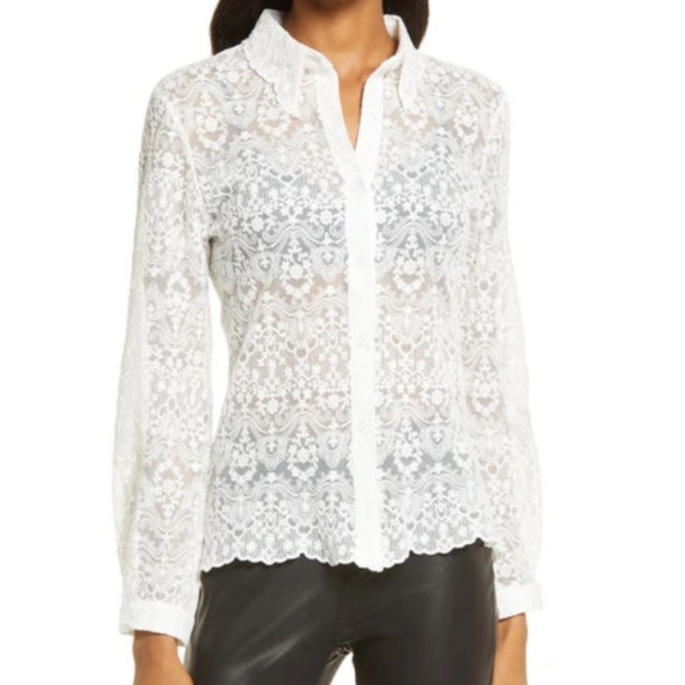 AMYLYNN Lace Long Sleeve White Button Down Collared Blouse SIZE LARGE